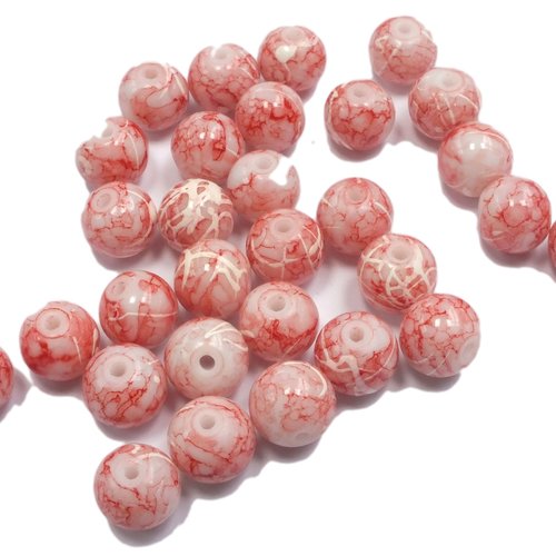 Lot 30 perles verres : ronde marbrées rouge/blanc 8mm (24)