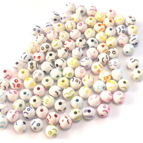 Perles acryliques : 20 rondes blanches avec motif visage 8mm (02)