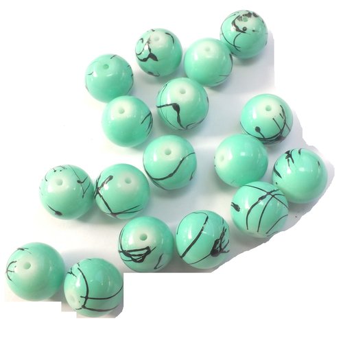 Perles acryliques : 17 rondes turquoises noirs 12mm