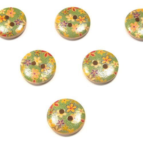 Lot 6 boutons bois : rond motif fleur 15mm (164)
