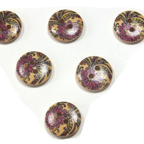 Lot 6 boutons bois : rond motif fleur 15mm (174)