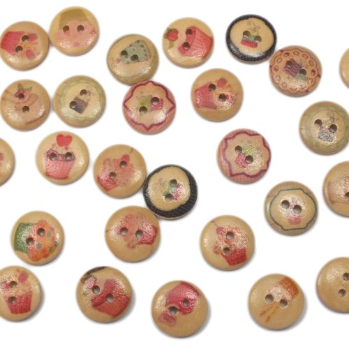 Lot 20 boutons bois : rond thème gateaux 15mm