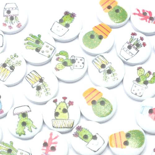 Lot 20 boutons bois : rond thème plantes 15mm
