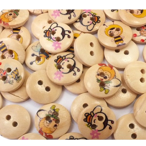 Lot 20 boutons bois : rond motif abeille 15mm