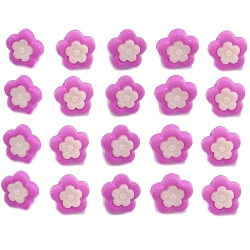Lot 20 boutons acryliques : fleur mauve/blanche 14mm (01)