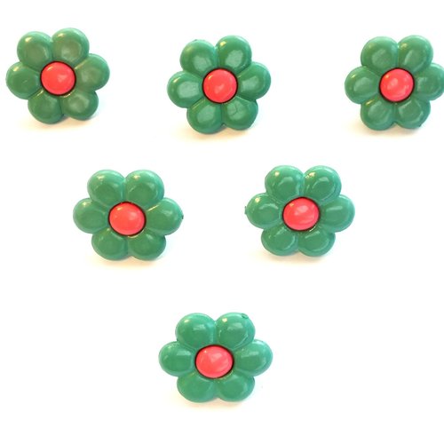 Lot 6 boutons : fleur verte/rose 14mm