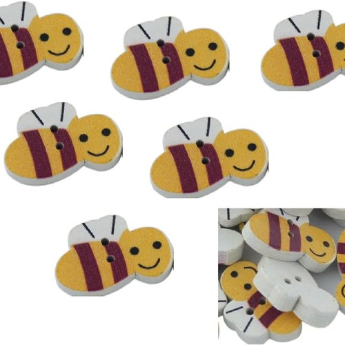 Lot 6 boutons bois : abeille jaune 19*13mm (13)