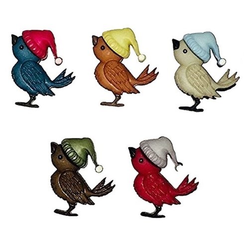 Lot 5 boutons acryliques : oiseaux portant un bonnet 19*17mm