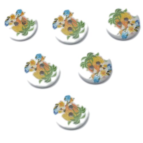 Lot 6 boutons bois : rond motif fleur 20mm (11)