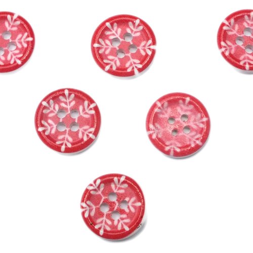Lot 6 boutons bois : rond motif fantaisie 15mm (43)