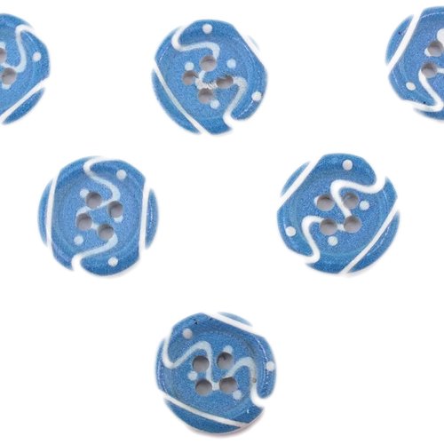 Lot 6 boutons bois : rond motif fantaisie 15mm (49)