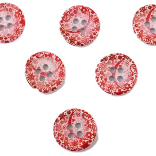 Lot 6 boutons bois : rond motif fantaisie 15mm (48)