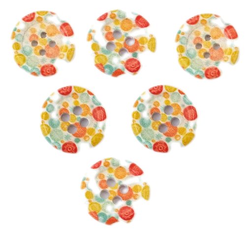 Lot 6 boutons bois : rond motif fantaisie 15mm (45)