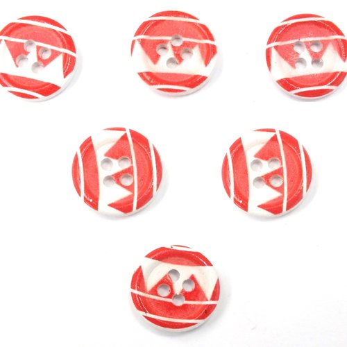 Lot 6 boutons bois : rond motif fantaisie 15mm (42)