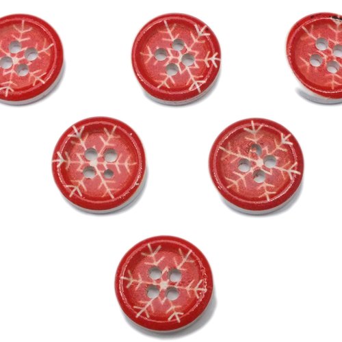 Lot 6 boutons bois : rond motif fantaisie 15mm (46)