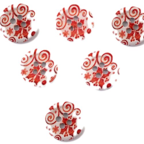 Lot 6 boutons bois : rond motif fantaisie 15mm (51)