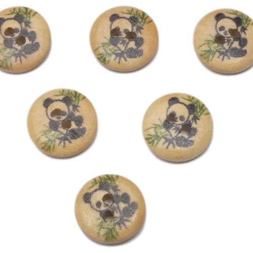 Lot 6 boutons bois : rond motif panda 15mm (03)