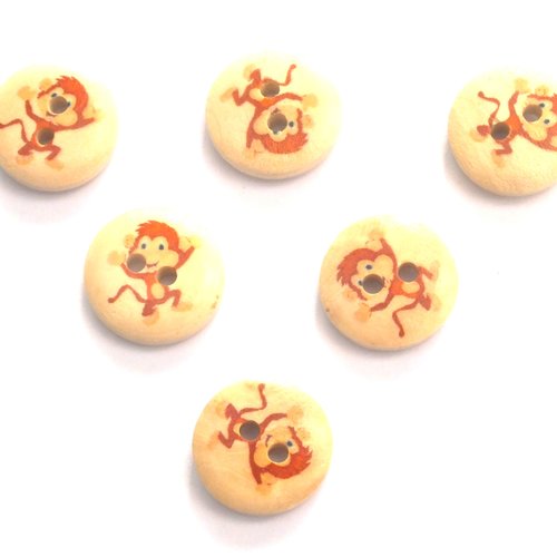 Lot 6 boutons bois : rond motif singe 15mm (07)
