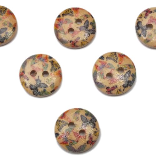Lot 6 boutons bois : rond motif papillon 15mm (13)
