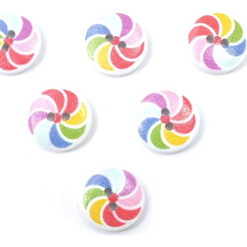 Lot 6 boutons bois : rond motif arc en ciel 15mm (06)