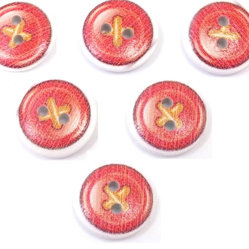 Lot 6 boutons bois : rond thème mercerie bouton 15mm (32)