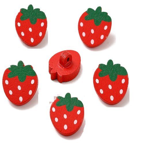 Lot 6 boutons bois : fraise rouge 21*17mm (01)