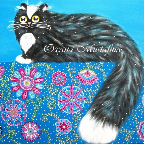 Peinture acrylique "chat aux fleurs dans le style russe" sur toile de coton