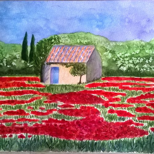 Aquarelle paysage «le cabanon aux coquelicots» sur papier grain fin