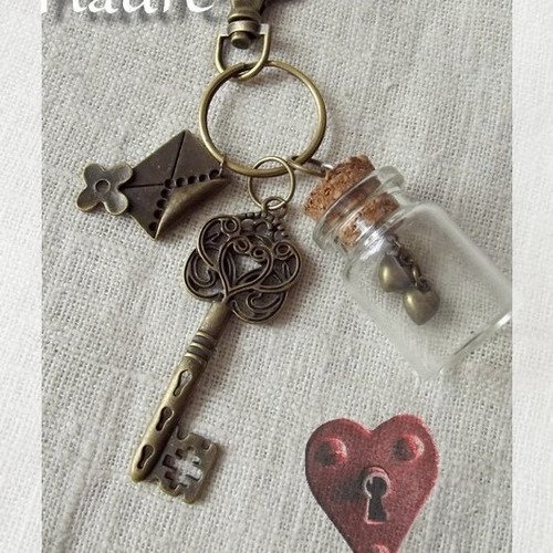 Porte-clef bijoux bronze et verre "la clef de mon coeur" 