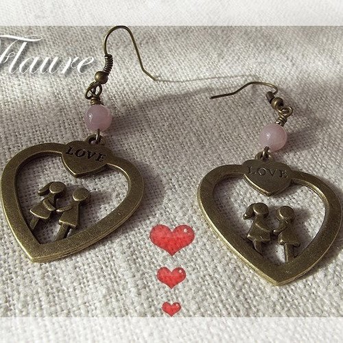 Boucles d'oreille en bronze et jade "coeur"