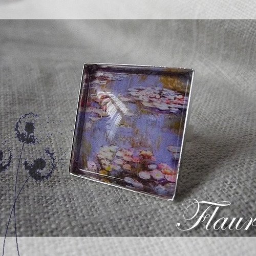 Bague carrée argentée et cabochon "monet"