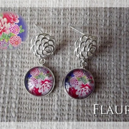 Boucles d'oreille argentées puces et pendants cabochons "fleurs japon"