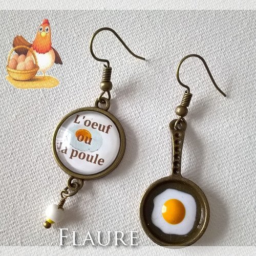 Boucles d'oreille cabochons "l'oeuf ou la poule"