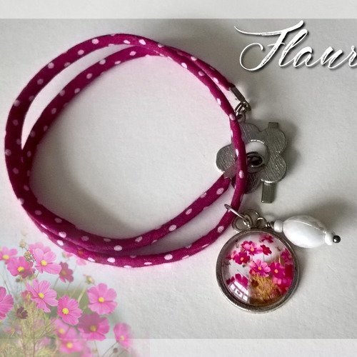 Bracelet coton et cabochon "fleurs cosmos"