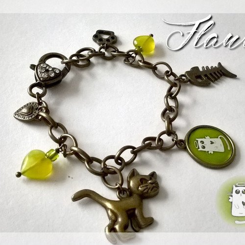 Bracelet breloques "chat ange vert"