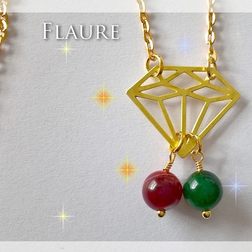 Collier doré "diamant" agates rouge et verte