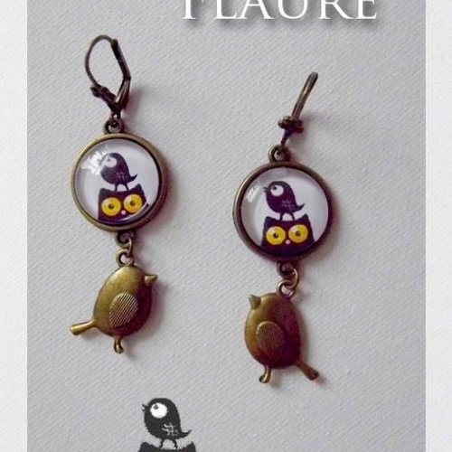 Boucles d'oreille cabochons "le chat et l'oiseau - love story"