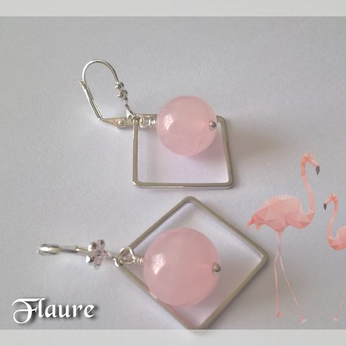 Boucles d'oreille argentées et perle quartz rose