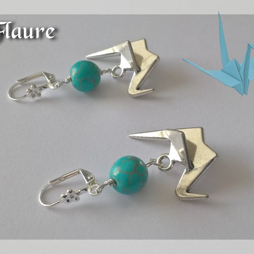 Boucles d'oreilles "grue origami" et perles turquoise