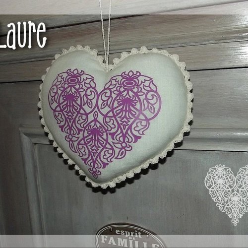 Grand coeur décoratif en lin "coeur rose"