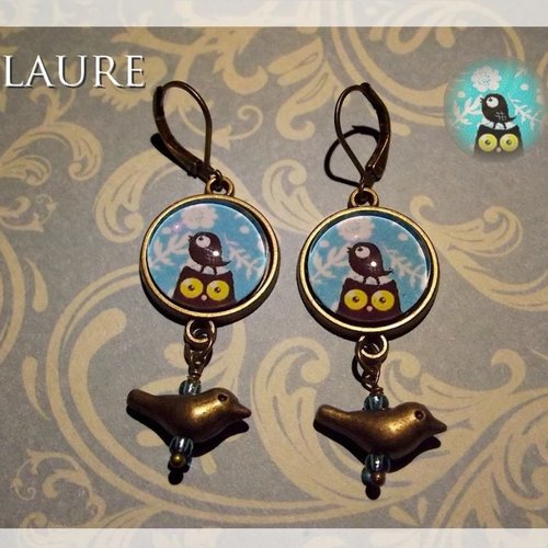 Boucles d'oreille cabochons "chat et oiseau"