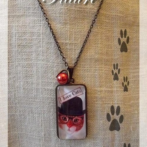 Collier pendentif cabochon "i love cats"
