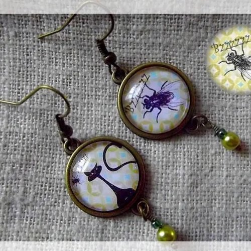 Boucles d'oreille en bronze "le chat et la mouche"