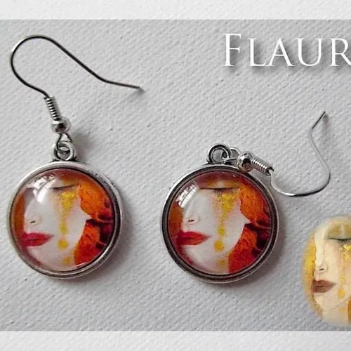 Boucles d'oreille argentées cabochons  "larme d'or"