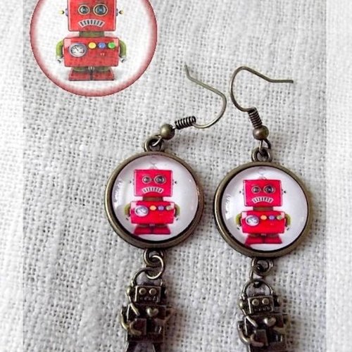 Boucles d'oreille cabochons "robot d'enfance"