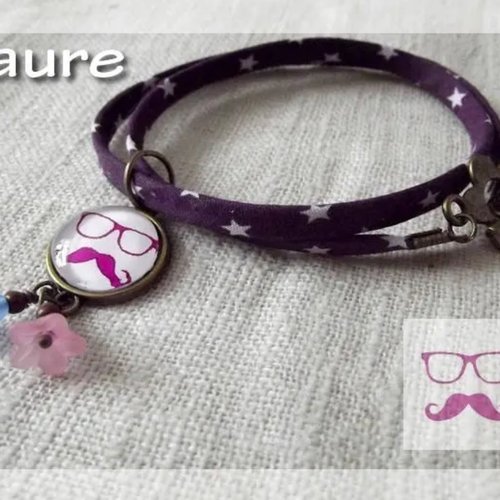 Bracelet tissu et cabochon "mr moustache"