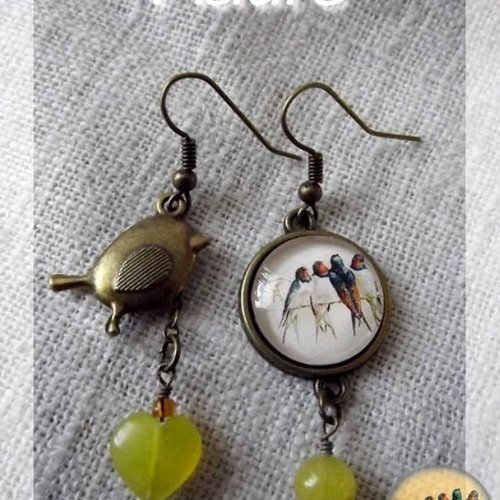 Boucles d'oreille en bronze et cabochon "les hirondelles"