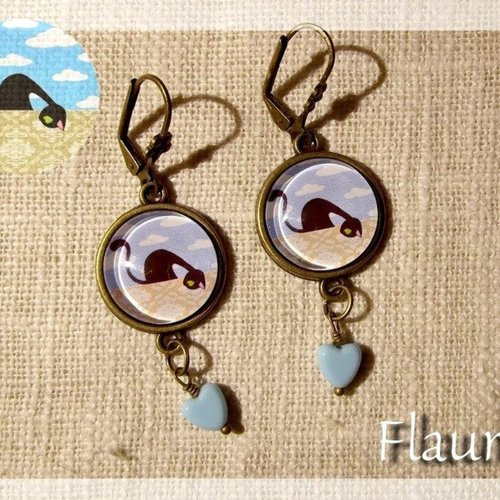Boucles d'oreille cabochons "le chat autruche"