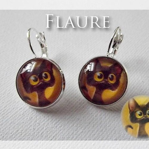 Boucles d'oreille dormeuses argentées "le chat jaune"