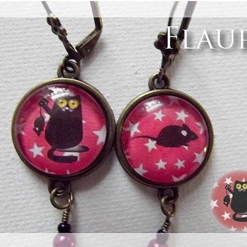 Boucles d'oreille cabochons "le chat et la souris"